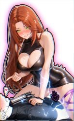 1boy 1girls ai_assisted ai_generated black_dress bodycon_dress brown_hair destiny_(game) destiny_2 female_focus green_eyes hawkmoon_(destiny) heart-shaped_cutout heart_censor indie_virtual_youtuber melonprime minidress parted_bangs penetration picsart pussy self_upload sex sleeveless_dress straddling suggestive_clothing thigh_straps thighs threatening_with_weapon upskirt vaginal_penetration zavalr