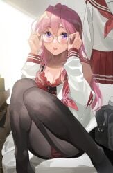 :d adjusting_eyewear bag black_pantyhose blush bra breasts cleavage duplicate female glasses hands_up highres lingerie long_hair long_sleeves looking_at_viewer lucky_star neckerchief open_mouth panties panties_under_pantyhose pants pantyhose pink_hair pink_neckerchief pixel-perfect_duplicate pleated_skirt purple_eyes red_bra red_panties red_sailor_collar red_skirt ryouou_school_uniform sailor_collar school_bag school_uniform serafuku shirt skirt smile socks solo sweatdrop takara_miyuki teeth tipii underwear undressing upper_teeth_only white_shirt