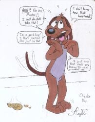 accident animal_genitalia anthro awkward_moment bodily_fluids canid canine canis charlie_dog dialogue domestic_dog feces feces_on_ground gay gay_male genitals hi_res homosexual homosexual_male limp_wrist looney_tunes male male/male male_only male_penetrating mammal master/pet nervous nervous_smile nude panicking penis poop_on_floor rufe_squirrel scat sheath simple_background solo sweat sweatdrop tail tail_motion tailwag talking_to_viewer toes_pointed_inward toony traditional_media_(artwork) warner_brothers white_background