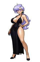 1girls absurd_res alternate_breast_size alternate_breast_size_(larger) alternate_costume anabel_(pokemon) anabel_(pokemon_sm) bare_legs bare_shoulders bare_thighs big_breasts black_dress blazbaros breast breasts breasts_bigger_than_head cleavage closed_mouth collarbone covered_nipples digital_media_(artwork) dress earrings female female_only full_body hair_ribbon hand_on_hip heels high_heels hips huge_breasts jewelry large_breasts lavender_hair legs light-skinned_female light_skin lila_(pokemon) lila_(pokemon_sm) long_hair massive_breasts milkers pokeball pokemon ponytail purple_eyes purple_hair shiny_skin sleeveless_dress smile solo