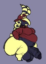 2026 anthro arthropod ass backwards_baseball_cap backwards_hat balls baseball_cap big_balls big_butt big_penis blue_body clothing collar digital_drawing_(artwork) digital_media_(artwork) flaccid generation_5_pokemon genitals hat headgear headwear hi_res huge_balls huge_butt huge_cock huge_moobs long_sleeve_shirt long_sleeves male moobs mouthless multicolored_body nauiho nintendo penis pinepede pokemon pokemon_(species) purple_background red_clothing red_collar red_sclera red_shirt red_topwear retracted_balls scolipede shirt shortstack shortstack_male simple_background solo spiked_collar spikes thick_thighs topwear two_tone_body vein veiny_penis wide_hips