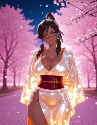 1girls ai_generated alternate_costume arms_behind_back avatar_(series) avatar_the_last_airbender balecxi blue_eyes blurry_background blush breasts brown_hair cherry_blossom cherry_blossoms cleavage closed_mouth clothing collarbone cowboy_shot curvaceous curvaceous_female curvaceous_figure curvy curvy_figure dark-skinned_female dark_skin falling_petals female female_focus female_only floral_print hair_tubes head_tilt high_ponytail inviting inviting_to_sex japanese_clothes kimono korra large_breasts lips long_hair long_sleeves looking_at_viewer naked_kimono night night_sky no_panties obi obijime outdoors petals ponytail presenting presenting_ass presenting_breasts presenting_hindquarters presenting_self print_kimono road robe sash seductive seductive_look seductive_smile see-through shiny_clothes shiny_skin sidelocks sky sleeves_past_fingers sleeves_past_wrists smile solo standing the_legend_of_korra thighs traditional_clothes tree very_dark_skin voluptuous voluptuous_female wafuku white_kimono wide_sleeves