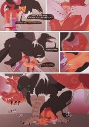 absurd_res ambiguous_fluids anthro anthro_on_feral anus avian balls beak bird black_body black_feathers bleak_(raveger) claws clothing colored comic corvid corvus_(genus) crow dialogue dlrp99 doggy_style domestic_cat duo english_text feathers felid feline felis female feral from_behind_position fur furry genitals hi_res knot larger_feral legwear male male/female mammal nude orange_body orange_fur oscine passerine penetration penis princess purring royalty sex size_difference smaller_anthro spiked_penis spikes spikes_(anatomy) stomach_bulge stretched_vagina tail teratophilia text thigh_highs vaginal_penetration