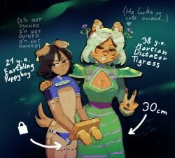 1boy 1futa 2025 age_difference alien antennae_(anatomy) anthro black_hair black_nails black_pawpads blue_clothing blue_panties blue_underwear blush body_writing breasts brown_eyes bulge canid canine canis chastity_cage chastity_device cleavage_cutout clothed clothing collar collar_tag colored_nails cosmic_background cuff_(restraint) cutout detailed_bulge digital_media_(artwork) digital_painting_(artwork) domestic_dog dotted_line dress duo ear_piercing ear_tag embarrassed embarrassed_male english_text eyelashes felid floppy_ears fully_clothed fur futa_is_bigger futanari genital_outline gesture green_clothing green_dress green_eyes gynomorph gynomorph/male hair hand_gesture hand_on_shoulder handcuffed handcuffs heart_symbol huge_cock intersex intersex/male larger_gynomorph larger_intersex lock_symbol looking_at_viewer looking_away male mammal metal_cuffs multicolored_clothing multicolored_dress nails nub_chastity_cage painting_(artwork) pantherine panties pawpads pekorelle penis penis_outline piercing restraints short_hair shoulder_pads size_difference slim_male small_waist smaller_male smile space space_background stated_age tail tan_body tan_fur text thoughts two_tone_clothing two_tone_dress underwear v_sign white_hair yellow_body yellow_fur