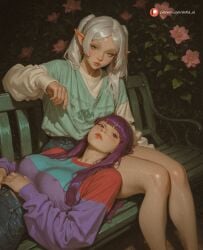 2girls ai_generated aisinful ass bangs big_ass big_breasts big_butt blunt_bangs blush breasts covered_nipples earrings elf female female_only fern_(sousou_no_frieren) frieren frieren_beyond_journey's_end hi_res large_breasts long_hair medium_breasts multiple_girls pointy_ears purple_hair sousou_no_frieren thick_thighs thighs twintails wide_hips yuri