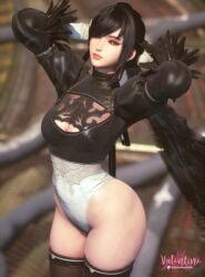 1girls 3d black_hair black_leotard breasts cleavage cosplay crossover_cosplay eve_(stellar_blade) female female_only leotard long_hair looking_at_viewer multicolored_leotard nier nier:_automata nier_(series) selfie solo stellar_blade twitter_username valentineyunii watermark white_leotard yorha_2b_(cosplay)