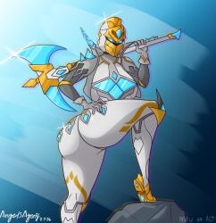 angelsagony ass axe bad_anatomy epic_games faceless_female fortnite fortnite:_battle_royale hand_on_ass knight spectra_knight_(fortnite) white_armor