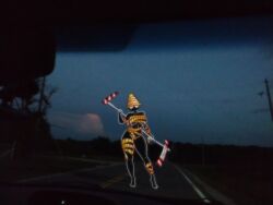 1girls black_body blocking breasts chetoh female hat holding_object holding_sign in_car no_mouth oc original original_character photo_background police_tape road tape_only traffic_cone traffic_cone_on_head white_eyes white_outline