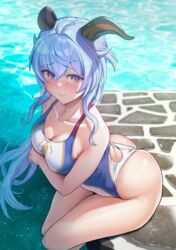 bangs bare_shoulders blue_hair blue_swimsuit blush breasts collarbone competition_swimsuit female fully_clothed ganyu_(genshin_impact) genshin_impact goat_horns happymonk highleg highleg_swimsuit highres horns large_breasts long_hair looking_at_viewer one-piece_swimsuit purple_eyes solar_(happymonk) swimsuit thighs