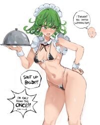 1boy 1girls belly_button bikini english_text female green_hair light-skinned_female light_skin maid maid_bikini male one-punch_man rakeemspoon saitama tatsumaki text