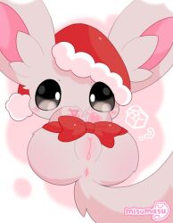 bow_ribbon christmas christmas_clothing christmas_headwear clothing female feral generation_5_pokemon genitals hat headgear headwear hi_res holidays looking_at_viewer lying minccino misumasu nintendo on_back pawpads pokemon pokemon_(species) raised_leg santa_hat solo vulva