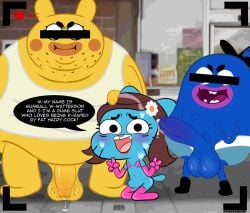 adult_on_young age_difference anthro ass balls big_balls big_penis blue_balls blue_body blue_fur blue_glans blue_penis blush bodily_fluids body_hair bottomless bottomless_anthro bottomless_male brown_hair cartoon_network censor_bar censored_eyes clothed clothed/nude clothing crossdressing cum digital_media_(artwork) domestic_cat english_text erection felid feline felis femboy fur genital_fluids genitals gesture glans gloves group group_sex gumball_watterson hair hairy_balls hand_gesture handwear imminent_rape imminent_sex latex latex_clothing latex_gloves latex_handwear latex_legwear leggings legwear makeup male male/male mammal nude open_mouth outdoor_exposure outdoor_nudity pantsbully_(tawog) penis penis_size_difference pink_glans precum pubes public public_exposure recording saggy_balls sex simple_background small_penis smile sweat tail text the_amazing_world_of_gumball threesome tony_(tawog) trio v_sign vwhiskers wig yellow_balls yellow_glans yellow_penis young young_anthro young_male