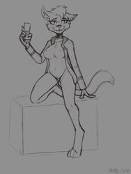 2020 alien anthro breasts caitian_(species) cat_ears cat_tail collarbone crotch_tuft dr._t'ana evilymasterful fangs felid feline female furry humanoid inner_ear_fluff kneeling labcoat monochrome navel open_clothes sketch solo standing star_trek star_trek_lower_decks starfleet_insignia starfleet_uniform thong tricorder tuft whiskers younger