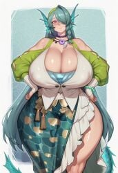 1girls ai_generated angels_of_delusion bare_shoulders breasts breasts_bigger_than_head cecilia_(zenless_zone_zero) cleavage cyan_hair female female_only fin_ears fish_girl hair_braid hands_on_hips huge_breasts kemonomimi large_breasts long_hair long_tail milf mochipawg necklace pale-skinned_female pale_skin purple_eyes tail thick_thighs voluptuous voluptuous_female wide_hips zenless_zone_zero