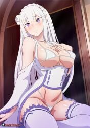 1girls belly boobs bra breasts breasts_apart digital_drawing_(artwork) digital_media_(artwork) elf elf_ears elf_female emilia_(re:zero) exposed_breasts half_naked hips kami_otaku large_breasts looking_at_viewer no_pants panties purple_eyes re:zero_kara_hajimeru_isekai_seikatsu sideboob silver_hair solo thick_thighs underwear
