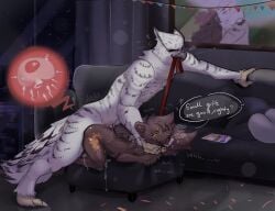 anthro artemis_(pancakesable) bell bell_collar bodily_fluids breed breeding_kink chocorollie collar cum cum_in_vagina cum_inside duo ejaculation female genital_fluids hi_res leash leash_in_mouth leash_pull leashed_collar loveseat male male/female object_in_mouth throat_grab