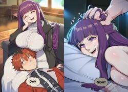1boy 1girls ai_generated bed bedroom big_breasts breasts day day_and_night day_vs_night dijiai fern_(sousou_no_frieren) frieren_beyond_journey's_end hair light-skinned_female light-skinned_male light_skin long_hair night on_bed on_lap pillow purple_eyes purple_hair red_eyes red_hair sex short_hair sousou_no_frieren stark_(sousou_no_frieren)