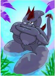 anthro bathing big_breasts border breasts ebony female generation_2_pokemon generation_3_pokemon hi_res legendary_pokemon lugia nintendo nipples nude pokemon pokemon_(species) redmagejacob shadow_lugia shadow_pokemon tail thick_thighs white_border wings