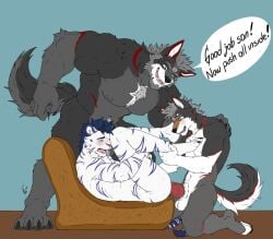 4_toes 5_fingers animal_genitalia animal_penis anthro balls black_body black_fur blue_body blue_eyes blue_fur blush blush_lines body_hair canid canine canine_genitalia canine_penis canis chest_hair claws damon_(karlwolf) english_text facial_markings father_(lore) father_and_child_(lore) father_and_son_(lore) feet felid fingers forehead_markings fur genitals green_eyes grey_body grey_fur grey_hair group group_sex hair head_markings horn hunter hunterramirez incest_(lore) indirect_incest_(lore) karl_(karlwolf) knot knotted_penis male male/male male_penetrated male_penetrating male_penetrating_anthro male_penetrating_male mammal markings muscular muscular_anthro muscular_male nude pantherine parent_(lore) parent_and_child_(lore) parent_and_son_(lore) penetration penis red_body red_fur sex son_(lore) striped_markings striped_tail stripes tail tail_markings teaching text threesome tiger toboe_(toboe2) toes tongue white_body white_fur wolf yellow_eyes