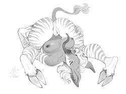 2026 anthro anus big_ears black_and_white breasts cloven_hooves contortionism dark_nipples female fetlocks flexible fur genevieve_lykelle genitals giraffid hair hand_on_butt hooves inner_ear_fluff landysh leg_tuft long_tongue looking_at_viewer lying mammal manga_style markings monochrome nipples okapi on_back plump_labia prehensile_tongue presenting presenting_vulva smile smirk solo striped_arms striped_body striped_fur striped_legs striped_markings stripes tail tongue tuft vulva