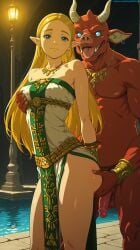 1boy1girl ai ai-created ai_art ai_generated anime anime_character anime_style animestyle arms_behind_back ass_grab blonde_female blonde_hair blonde_hair_female colored_sclera grabbing groping hentai high_quality high_resolution interspecies interspecies_sex long_hair looking_at_viewer moblin moster nude_male penis pointy_ears red_skin smile standing the_legend_of_zelda the_legend_of_zelda:_breath_of_the_wild the_legend_of_zelda:_tears_of_the_kingdom tongue zelda_(breath_of_the_wild) zelda_(tears_of_the_kingdom)