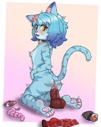 accessory anal anal_beads anal_sex anal_training animal_dildo animal_sex_toy anthro ass bell bell_collar blue_body blue_fur blush breasts buttplug canine_dildo collar dildo equine_dildo felid feline female flower flower_in_hair fur gradient_background gradient_hair hair hair_accessory hi_res kneeling looking_at_viewer looking_back looking_back_at_viewer lube lyn_(mintybeans) mammal mintybeans nude object_in_ass open_mouth open_smile pawpads penetration pink_nose plant plug_(sex_toy) sex_toy sex_toy_in_ass sex_toy_insertion simple_background small_breasts smile solo striped_body striped_fur stripes turning_head