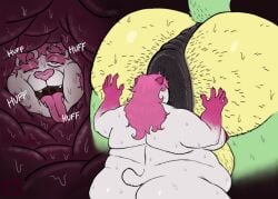 anthro anus ass balls bear belly big_anus big_butt bodily_fluids body_hair breasts butt_hair duo face_in_ass female genitals gnarlybastard hair hairy_balls hi_res huge_anus huge_butt hyper hyper_anus internal internal_anal male male/female mammal morbidly_obese morbidly_obese_anthro morbidly_obese_female nipples obese obese_anthro obese_female overweight overweight_anthro overweight_female pink_hair puffy_anus rear_view side_boob size_difference sweat sweaty_back sweaty_butt tongue tongue_out