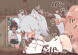 1boy 2girls :d animal_ears black_hair caught faceless faceless_male grey_hair hair_over_eyes momiji_inubashiri multiple_girls no_hat no_headwear ooyama_bokuchi open_mouth overweight_male prone_bone sex sex_from_behind shameimaru_aya smile solid_circle_eyes straight sweat tail tail_grab touhou wolf_ears wolf_tail