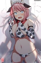 1girls animal_ears animal_print artist_logo augusta_(sennen_sensou_aigis) bikini blue_eyes blush breasts cow_ears cow_print cow_print_bikini cow_print_gloves cowboy_shot dated elbow_gloves female flower_wreath gloves hair_ornament horns huge_breasts logo open_mouth pink_hair print_bikini print_gloves red_scarf scared scarf sennen_sensou_aigis shadow short_hair standing swimsuit