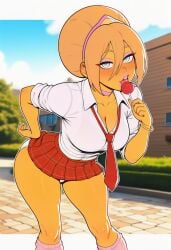 ai_generated avatar_the_last_airbender bimbo bimbofication blonde_hair leaning_forward licking lolipop makeup panty_peek school school_uniform schoolgirl seductive_eyes seductive_look sexy sexy_clothing slutty_body sunny tan toph_bei_fong tounge_out white_panties