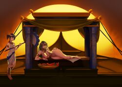 absurd_res big_breasts citrus_(saburouta) curled_hair egyptian egyptian_mythology fan gold_jewelry golden_eyes green_eyes green_hair jewelry laying_down momokino_himeko purple_hair queen see-through_clothing servant shaved_pussy shiraho_suzuran sunset white_dress