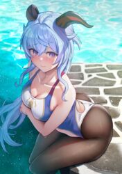 bangs bare_shoulders blue_hair blue_swimsuit blush breasts collarbone competition_swimsuit female fully_clothed ganyu_(genshin_impact) genshin_impact goat_horns happymonk highleg highleg_swimsuit highres horns large_breasts long_hair looking_at_viewer one-piece_swimsuit pantyhose pantyhose_under_swimsuit purple_eyes solar_(happymonk) swimsuit thighs