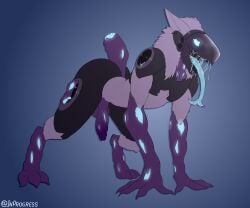 6:5 absurd_res all_fours balls bodily_fluids cracked_glass drooling forked_tongue genitals glowing hi_res infected inprogress long_tongue machine male monster penis protogen saliva semi-anthro solo solo_male tongue