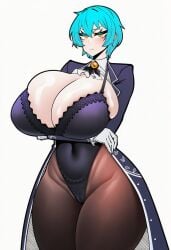 1girls ai_generated angela_(library_of_ruina) annoyed annoyed_expression belly_button big_breasts blue_hair boobs_bigger_than_head bra breasts breasts_bigger_than_head child_bearing_hips coat crossed_arms ear eyelashes fancy_clothing female_focus gloved_hands gloves huge_breasts laced_bra laced_underwear leotard library_of_ruina looking_at_viewer mayuai pantyhose project_moon short_hair solo solo_female tagme thick_thighs thighs white_background yellow_eyes