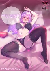 1girls black_lingerie black_thighhighs female hoyoverse lingerie long_hair lying lying_on_back lying_on_bed mihoyo purple_hair red_eyes text_bubble thighhighs vivian_banshee zenless_zone_zero