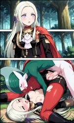 ai_generated breasts breasts_out cape clothed crossover edelgard_von_hresvelg female fire_emblem fire_emblem:_three_houses gallade garreg_mach_monastery_uniform gloves hair_ribbon legs_up long_hair long_sleeves mating_press missionary_position pantyhose pokemon pokemon_(species) purple_eyes pussy red_cape ribbon spread_legs torn_clothes uniform white_hair