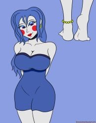 1girls alternate_version_at_source animatronic animatronic_female anklet ballora ballora_(fnafsl) barefoot big_breasts blue_dress blue_hair breasts dialogue dress english_text feet female five_nights_at_freddy's five_nights_at_freddy's:_sister_location fnaf foot_fetish foot_focus long_hair looking_at_viewer makeup pale-skinned_female pale_skin pearl_anklet purple_eyes robot robot_girl robot_humanoid signature sister_location soles text unskilledude535 watermark wrinkles