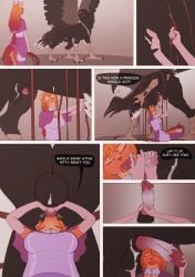 absurd_res anthro anus avian balls bird bleak_(raveger) bodily_fluids claws closed_eyes clothing comic corvid corvus_(genus) crow dialogue dlrp99 domestic_cat duo felid feline felis female feral genitals hi_res holding_balls knot licking looking_at_another male male/female mammal open_mouth oral oscine passerine penile penis penis_lick saliva sex sitting smile spiked_penis spikes spikes_(anatomy) standing straps tongue wings