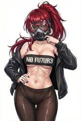 big_breasts breasts censored female female_only fictional fictional_product gas_mask girl red_hair tied_hair white_background