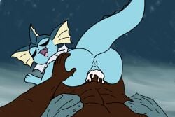 3:2 abs balls blue_body bodily_fluids clothing cum duo eeveelution female feral generation_1_pokemon genital_fluids genitals hi_res human looking_at_viewer lying male mammal nintendo nude open_mouth passey_voppy penis pokemon pokemon_(species) sex simple_background smile tail teeth tongue topwear vaporeon vulva