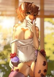 2026 5_fingers absurd_res anthro areola bear biped breasts brown_body brown_eyes brown_fur brown_hair brown_tail claws clothed clothed_anthro clothed_female clothing countershade_torso countershading cupcake digital_drawing_(artwork) digital_media_(artwork) exposed_breasts female finger_claws fingers food fur genitals hair handpaw hi_res holding_object inside legwear looking_at_viewer mammal markings nipples open_mouth open_smile paece_gold paws pizhma smile solo spots spotted_body spotted_fur standing tail teeth thigh_highs tongue vulva window