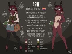 4:3 accessory anthro antlers ashe_(espressothegoat) black_clothing black_leggings black_legwear book bottomwear clothing collared_shirt color_swatch deer deer_ears denim denim_bottomwear denim_clothing denim_skirt dress_shirt english_text espressothegoat female freckled_face freckles fur genitals green_clothing green_eyes green_topwear green_vest grey_highlights hair hi_res highlights_(coloring) holding_book holding_object hooves horn key leggings legwear lesbian_pride_colors lgbt_pride mammal markings model_sheet multicolored_body multicolored_fur nipples nude nude_anthro nude_female off/on pin_accessory pin_button pride_colors red_hair scut_tail shirt short_tail shoulder_bag skirt solo spots spotted_ears spotted_legs spotted_markings spotted_neck tail text topwear two_tone_body two_tone_fur vest vulva