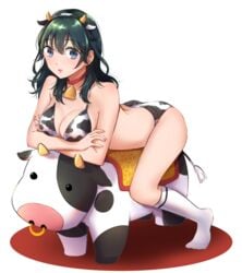 1girls absurdres animal_print ass bell bikini blue_eyes breasts byleth_(fire_emblem) byleth_(fire_emblem)_(female) chinese_zodiac chizoku_sawa cleavage cow_horns cow_print fake_horns female fire_emblem fire_emblem:_three_houses green_hair hair_strand highres horns large_breasts long_hair looking_at_viewer messy_hair nintendo socks solo swimsuit white_legwear year_of_the_ox