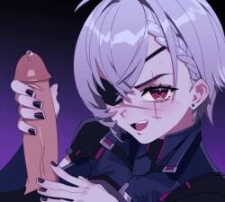 1boy 1girls animated black_nail_polish black_nails braid clothed clothed_female clothing duo eyepatch female gif handjob indie_virtual_youtuber light-skinned_female light-skinned_male light_skin loop looping_animation male male_pov nail_polish no_sound one_eye_obstructed open_mouth optionaltypo outercourse penis_out pov saruei_(vtuber) scar_across_eye scar_on_face scar_on_nose short_hair short_loop short_playtime short_video sweat sweatdrop sweating tomelder unseen_male_face virtual_youtuber vtuber white_hair