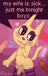 accessory anthro balls bedroom_eyes belly bipan blush bracelet breasts cat_smile cat_tail clothed clothing cock_ring dialogue digit_ring digital_media_(artwork) disembodied_penis domestic_cat english_text eyelashes eyeshadow felid feline felis genitals group heart_eyes heart_symbol humanoid_genitalia humanoid_penis inviting inviting_to_sex jewelry legwear lights makeup male male/male mammal narrowed_eyes navel nipples partially_clothed pattern_clothing pattern_legwear penis penis_accessory penis_jewelry pixel_(artwork) pointy_ears pole ring seductive slightly_chubby small_breasts speech_bubble stage stage_lights stockings strip_club striped_clothing striped_legwear stripes stripper_pole swingers text thick_thighs trio wedding_ring