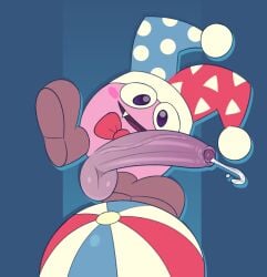 2026 balancing_on_ball ball beach_ball big_head big_penis bodily_fluids bow_tie clothing erection fangs fool's_hat footwear foreskin gemsum genital_fluids genitals hat headgear headwear hi_res humanoid_genitalia humanoid_penis inflatable kirby_(series) long_penis looking_at_viewer male male_only marx_(kirby) nintendo non-human non-human_only on_one_leg open_mouth open_smile penis pink_body pink_skin precum precum_string shoes simple_background smile solo standing teeth toony vein veiny_penis waddling_head
