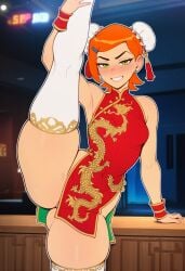 ai_generated ben_10 china_dress chinese_clothes flexible gwen_tennyson legs_up one_leg_up orange_hair red_sclera sexy sexy_pose skimpy_clothes smiling