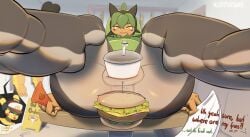 5_toes absurd_res anal anal_penetration anthro anus black_tail brown_feet brown_legs burger clitoris duo fangs feet female female_penetrated food food_fetish food_in_ass food_insertion food_play furniture generation_1_pokemon generation_9_pokemon genitals green_body hi_res holding_object humanoid improvised_sex_toy ketchup legendary_pokemon looking_at_viewer lying nintendo ogerpon on_back orange_eyes out_of_order penetration pikachu pokemon pokemon_(species) sexual_barrier_device smile soda_bottle spread_legs spreading table tail teeth text toes tongue tongue_out vaginal vaginal_penetration vexyfursure vulva yellow_feet