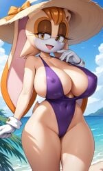 ai_generated beach big_breasts big_thighs breasts busty busty_female child_bearing_hips cute cute_face female female_focus female_only hips hips_wider_than_shoulders hourglass_figure humanoid looking_at_viewer orange_skin purple_eyes sega sexy sexy_clothing sexy_female sling_bikini slingshot_swimsuit solo solo_female solo_focus sonic_(series) sonic_the_hedgehog_(series) thick_thighs vanilla_the_rabbit wide_hips wide_thighs