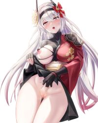 1girls blush bottomless breasts breasts_out female fully_clothed highres kimono lucia:_crimson_abyss_(punishing:_gray_raven) lucia_(punishing:_gray_raven) nude punishing:_gray_raven pussy robot_girl solo teasing torn_clothes white_hair